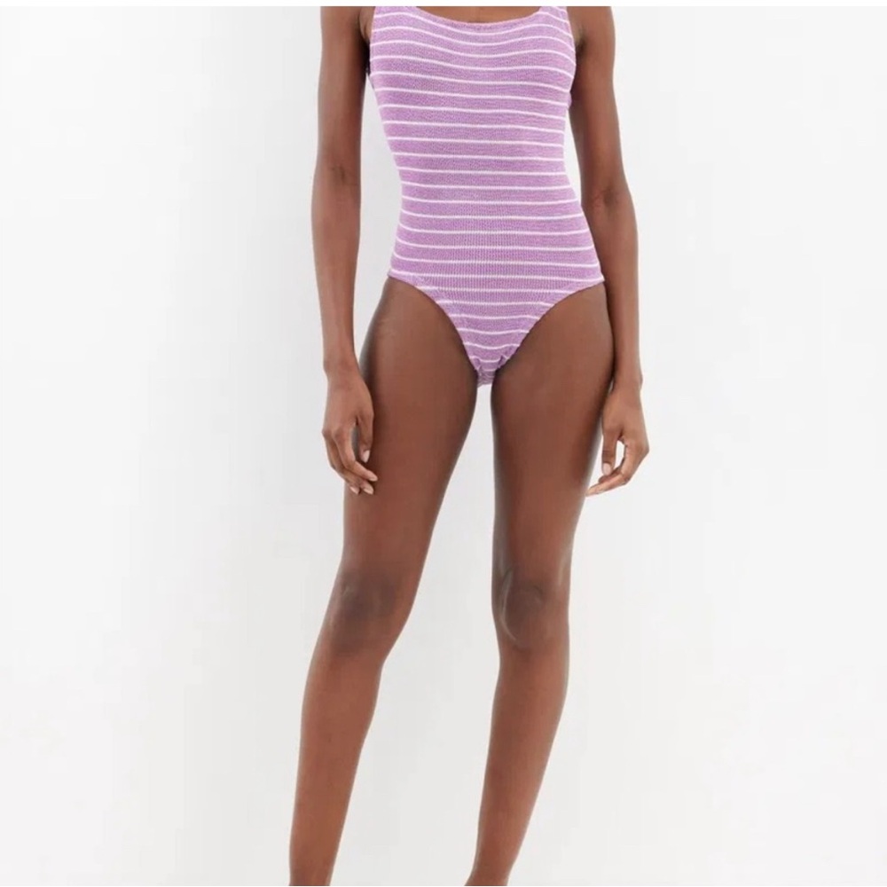 Hunza G Purple and White Striped One Piece Swimsuit
